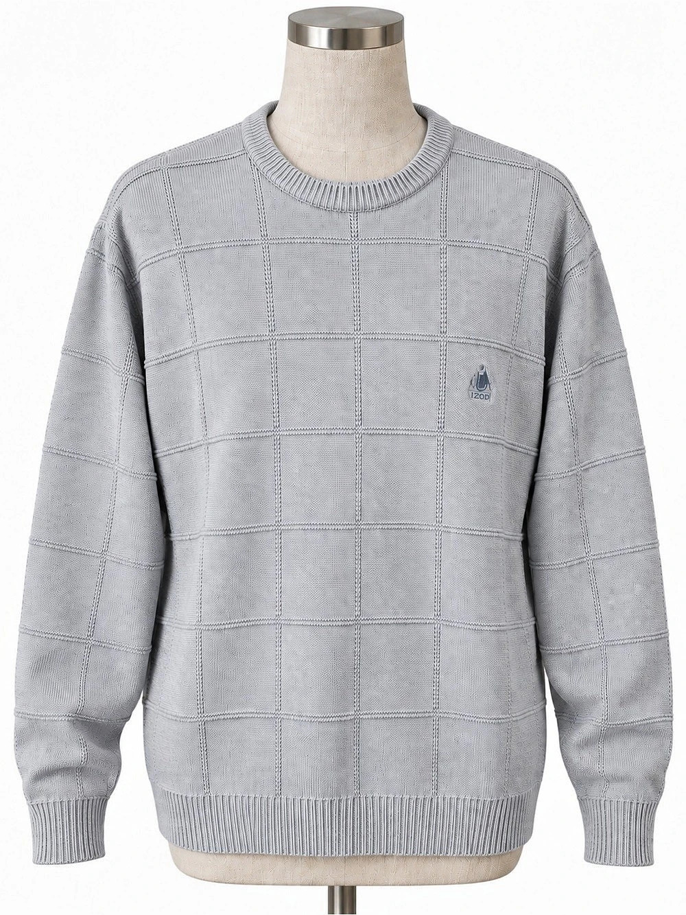 IZOD Vintage Windowpane Grid Knit Crewneck Sweater (blueish/gray)